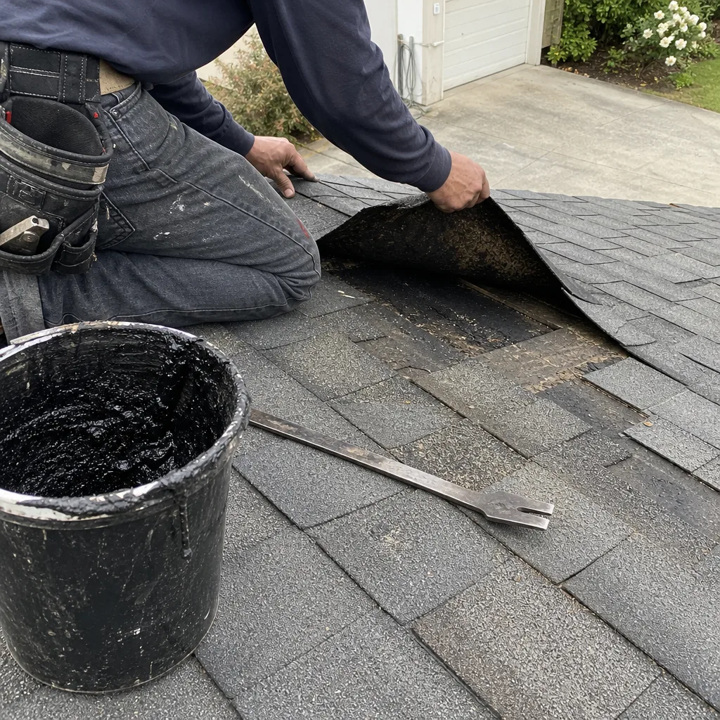 Professional roofing contractor performing residential roof shingle repair.