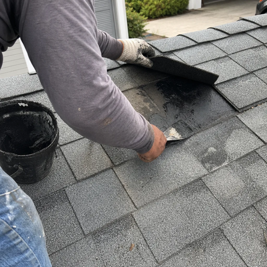 Roofing professional applying sealant to shingles during a roof repair.