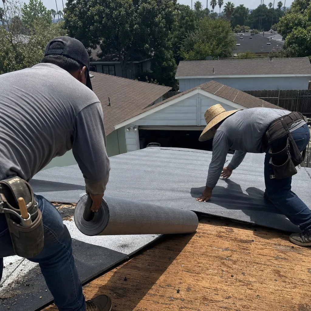 Two professional roofers installing roofing underlayment during a roof replacement project
