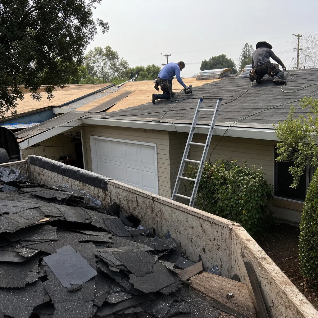 Professional roofers performing a residential roof replacement with shingles
