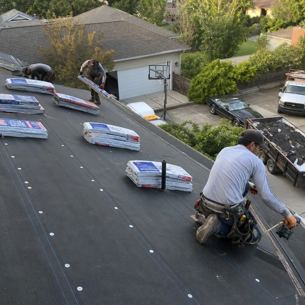 Roofers installing asphalt shingles on a residential roof replacement project